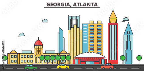 Georgia, Atlanta.City skyline: architecture, buildings, streets, silhouette, landscape, panorama, landmarks. Editable strokes. Flat design line vector illustration concept. Isolated icons