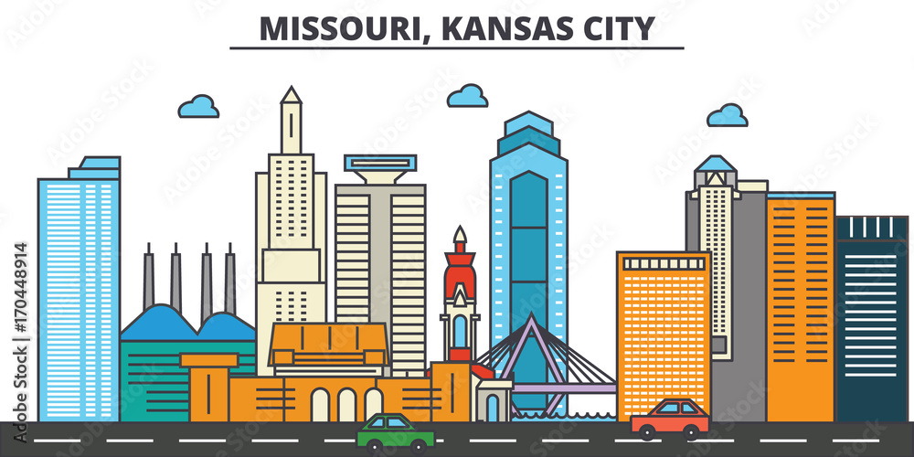 Missouri, Kansas City.City skyline: architecture, buildings, streets, silhouette, landscape, panorama, landmarks. Editable strokes. Flat design line vector illustration concept. Isolated icons
