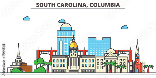 South Carolina, Columbia.City skyline: architecture, buildings, streets, silhouette, landscape, panorama, landmarks. Editable strokes. Flat design line vector illustration concept. Isolated icons