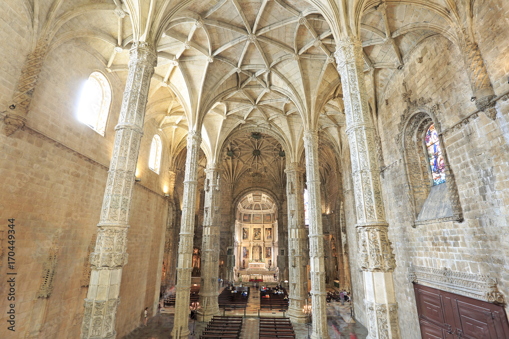 The Jeronimos Monastery or Hieronymites Monastery, is a former monastery of the Order of Saint Jerome near the Tagus River in the parish of Belém, Gothic interior.