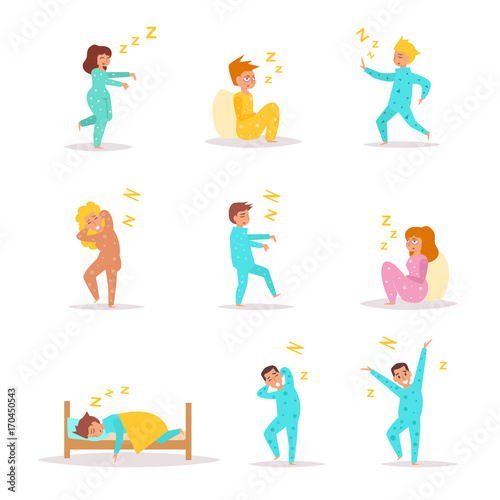 Sleep, walks in sleep, yawns, stretches, snores. Set