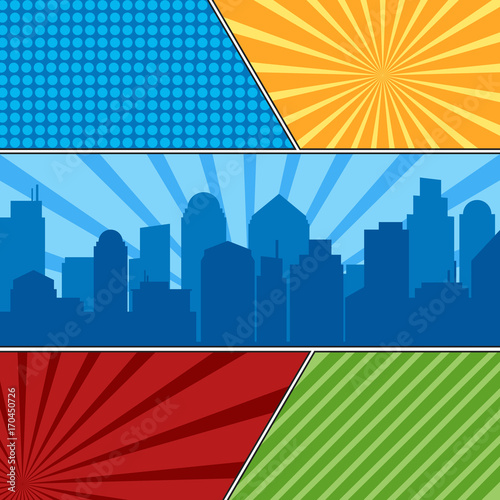 Comic book page template with radial backgrounds and city silhouette