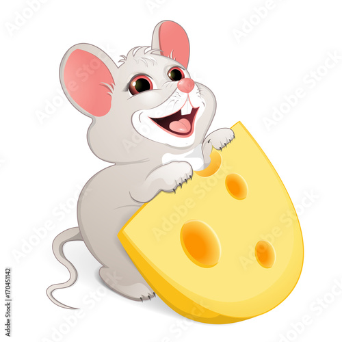   White mouse with cheese. Albino. Children's illustration. A white mouse with red eyes wants to eat a piece of cheese with big holes. Cheerful illustration of animals for children. 