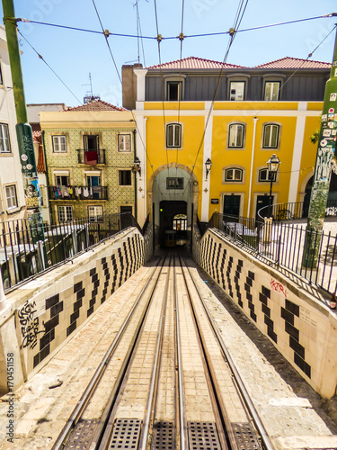 Lisbon - Circa August 2017: Famous historic Ascensor da Bica (Bica Funicular) viewed from Calcada da Bica Grande