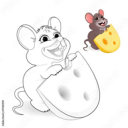A little funny mouse with a stolen piece of cheese. Wants to eat a piece of cheese with big holes. Vector illustration, isolated. Coloring, Black and white picture for coloring. Children's creativity.