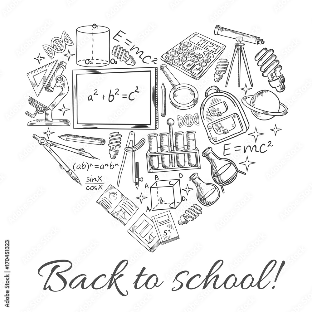 Back to School vector sketch heart poster