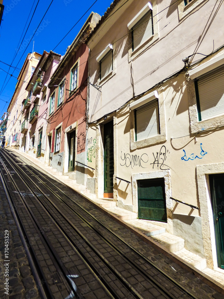 Calcada da Bica Grande street with funicular railway in Lisbon
