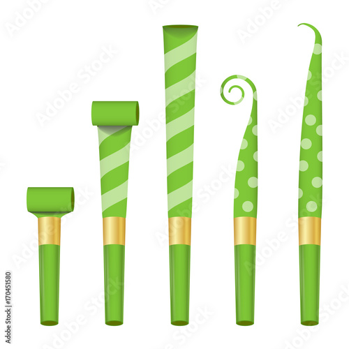 Blower Horn Set Vector. Green Party Blower Sign. Isolated On White Background Illustration