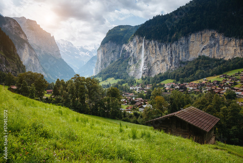 Great view of alpine village. Location place Swiss alps, Lauterbrunnen valley, Europe. Beauty world