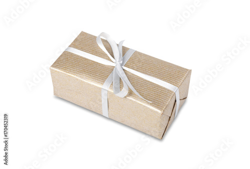Christmas holiday gift box in golden paper isolated on white
