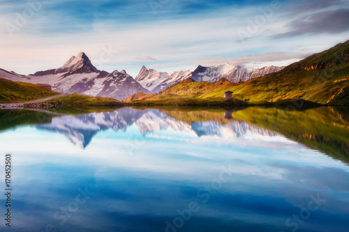 Panorama of Mt. Schreckhorn and Wetterhorn. Location place Bachalpsee in Swiss alps, Grindelwald, Europe. © Leonid Tit