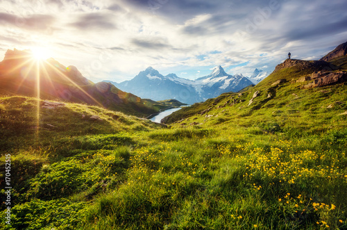 Fototapeta Naklejka Na Ścianę i Meble -  Panorama of Mt. Schreckhorn and Wetterhorn. Location place Bachalpsee in Swiss alps, Grindelwald, Europe.