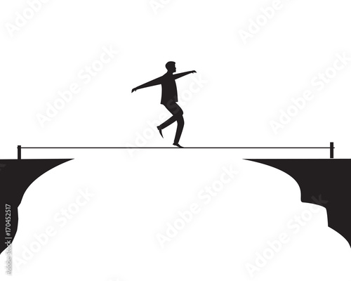 Businessman Walking on Rope. Risk Challenge in Business Concept