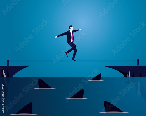Businessman Walking on Rope. Risk Challenge in Business Concept