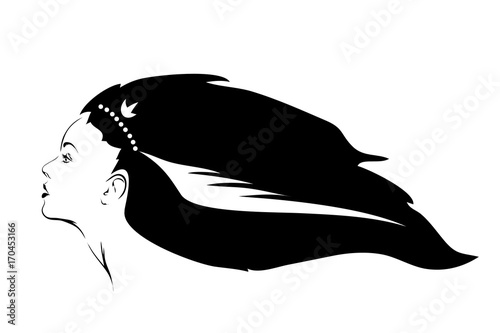 Girl with long hair.Veсtor / illustration, girl, beautiful, brunette, profile, hairs, long, black, portrait, drawing, monochrome, women, print, background, white,