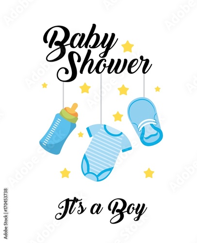 baby shower its a boy clothes bottle shoe hang decoration card vector illustration
