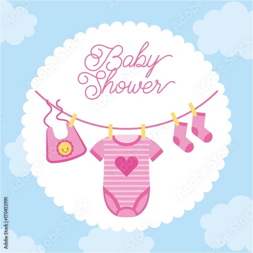 baby shower invitation clothes sock hanging with cloud background vector illustration
