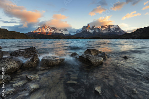 Fantastic dawn in Torres del Paine, Patagonia, Chile, over Lago Pehoe - Southern Patagonian Ice Field, Magellanes Region of South America. photo
