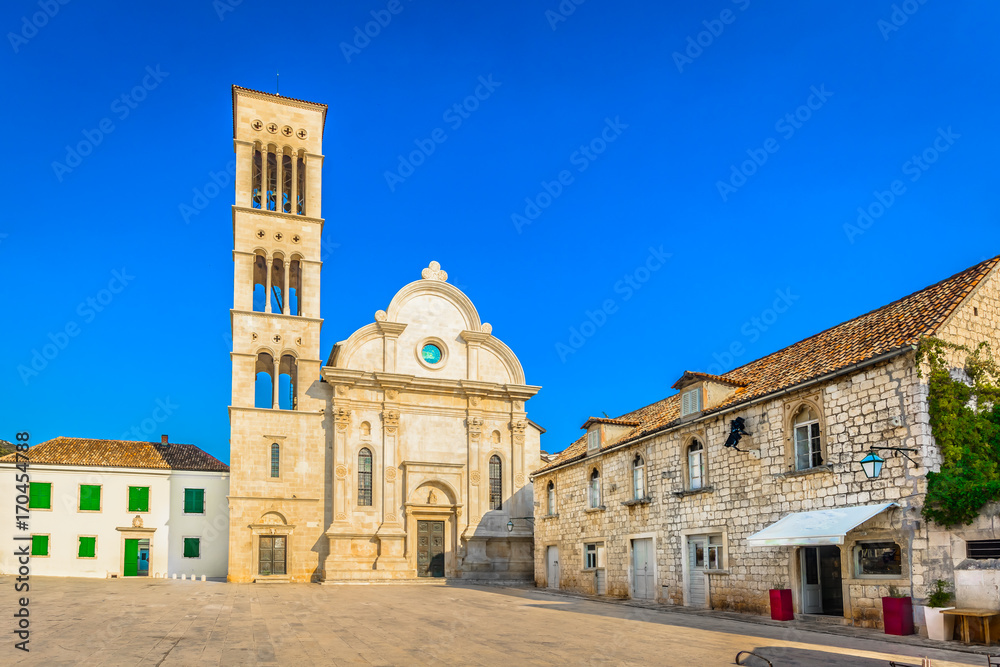 Old architecture cathedral Hvar. / Scenic view at largest square in Dalmatia region and cathedral of Hvar island, croatian famous travel places.