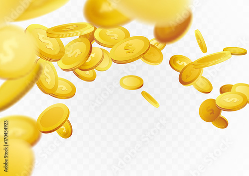 Flying realistic golden cash coins abstract background. Casino prize money Fortune rain flow jackpot. Isolated realistic 3D currency over white layout