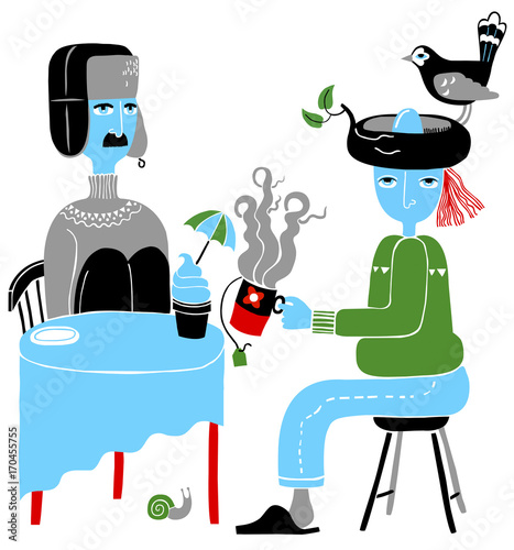 Blue Characters Having Teatime