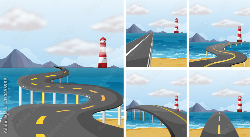Five scenes of road across the ocean