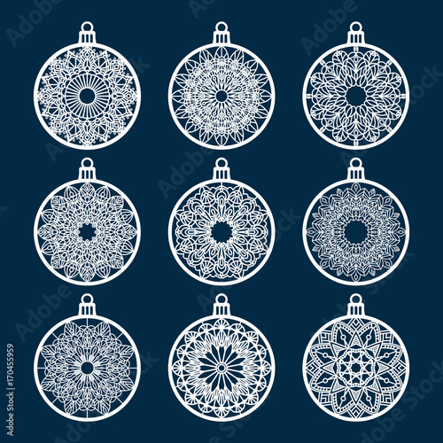 Christmas ball set with snowflake. Laser Cutting template