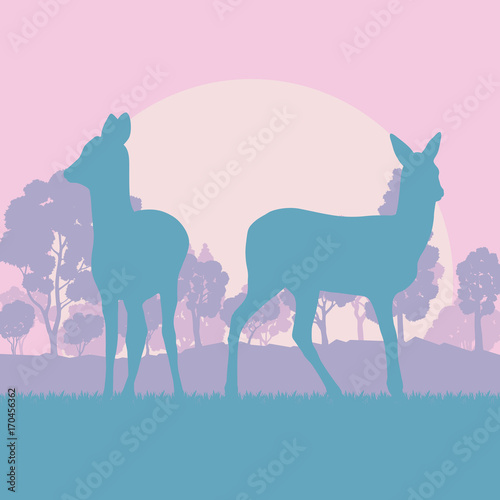 Roe deer in forest field with sunset and trees vector background