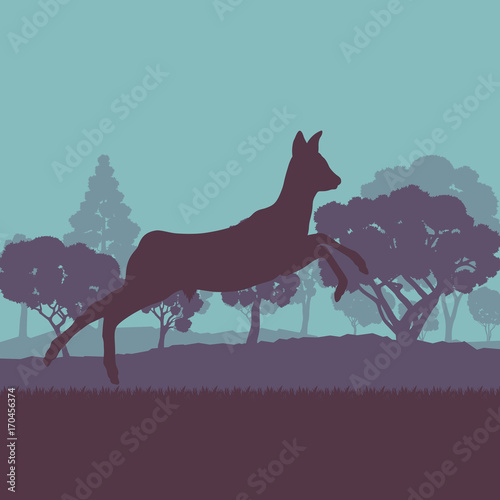 Roe deer in forest field with sunset and trees vector background