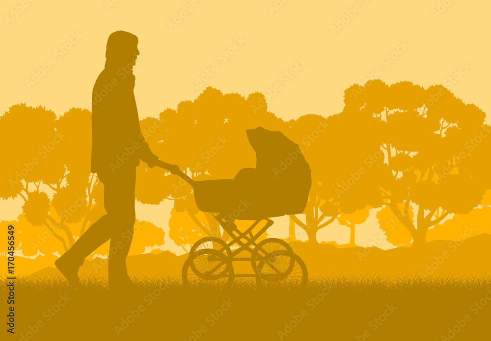 Father with baby cart in park walking vector