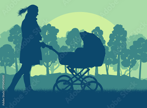 Mother with baby cart in park walking vector
