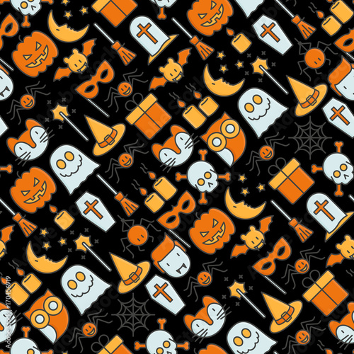 Cartoon Halloween seamless pattern with thin line icons: vampire, bat, pumpkin. Vector illustration for background of invitation card, party announcement. © AlexBlogoodf