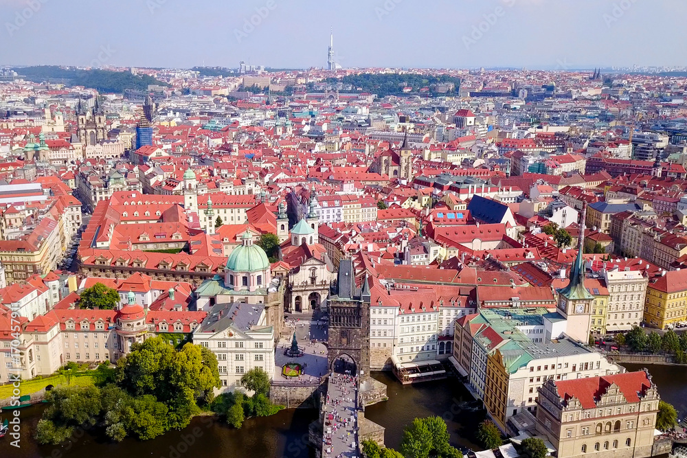 Prague, Czech Republic - Beautiful summer’s day over the city, including Charles Bridge and Prague one municipal district 