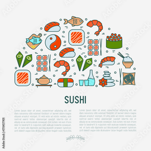 Japanese food concept in half circle with thin line icons of sushi  noodles  tea  rolls  shrimp  fish  sake. Vector illustration for banner  web page or print media.