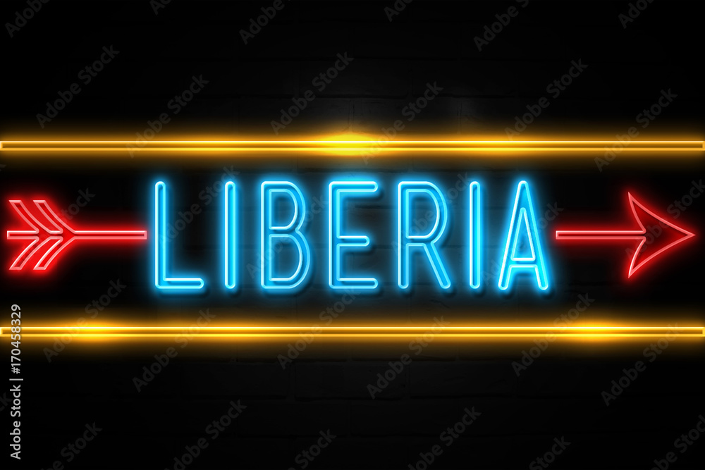 Liberia  - fluorescent Neon Sign on brickwall Front view