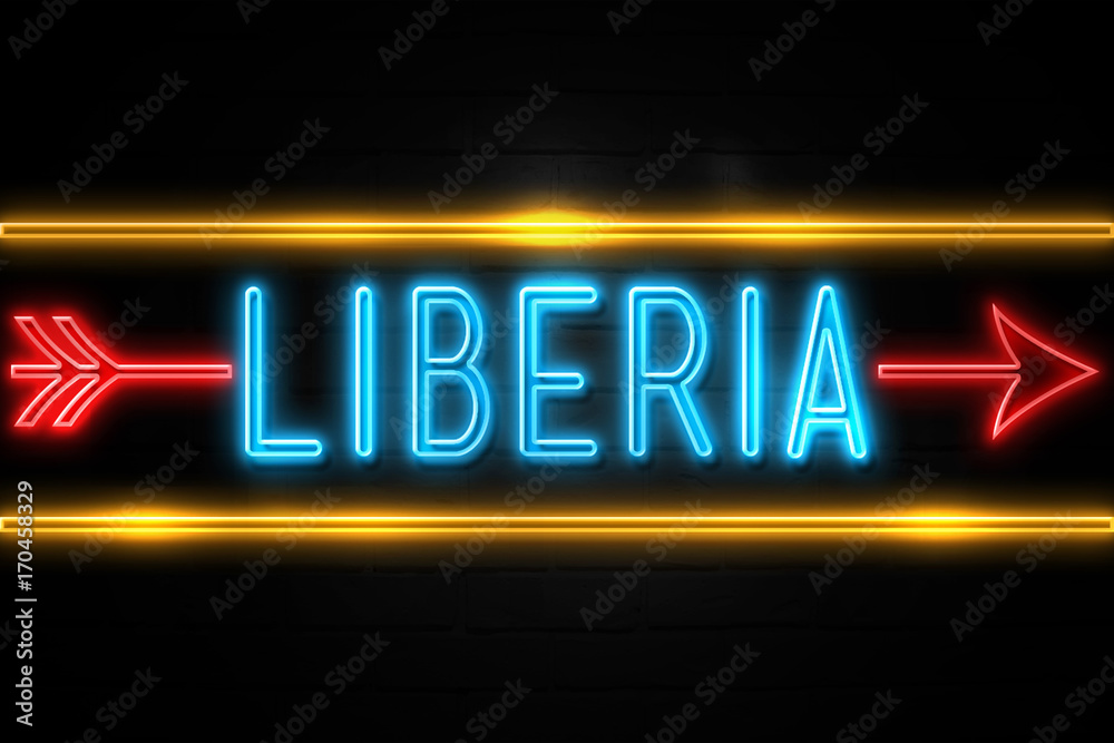 Obraz premium Liberia - fluorescent Neon Sign on brickwall Front view