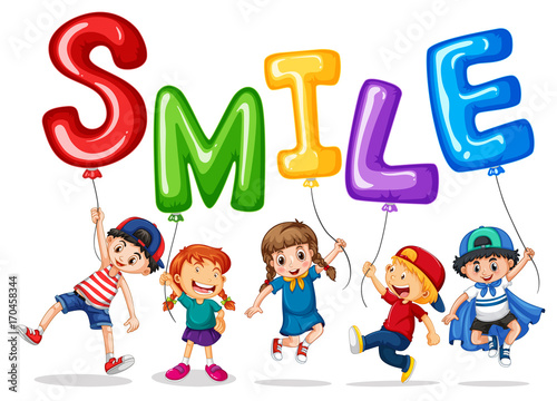 Happy children and balloons for word smile