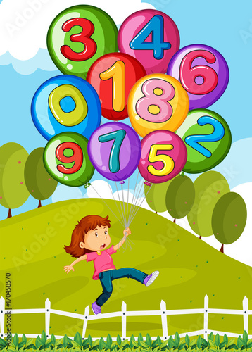 Balloons with numbers and little girl in park