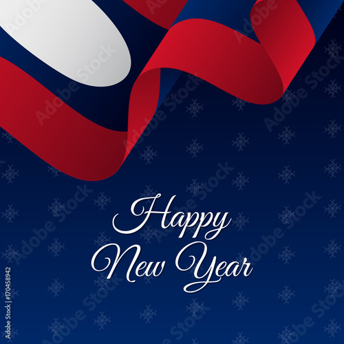 Happy New Year banner. Laos waving flag. Snowflakes background. Vector illustration.
