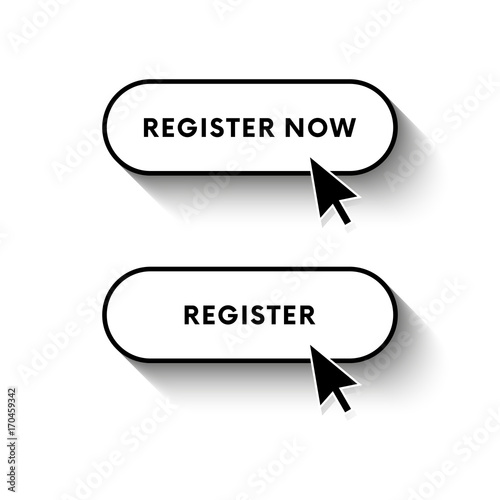 Register now button. Register button. Long shadow. Vector illustration.