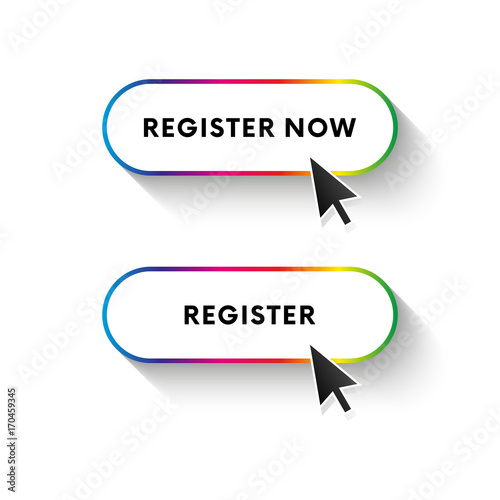 Register now button. Register button. Spectrum gradient. Long shadow. Vector illustration.