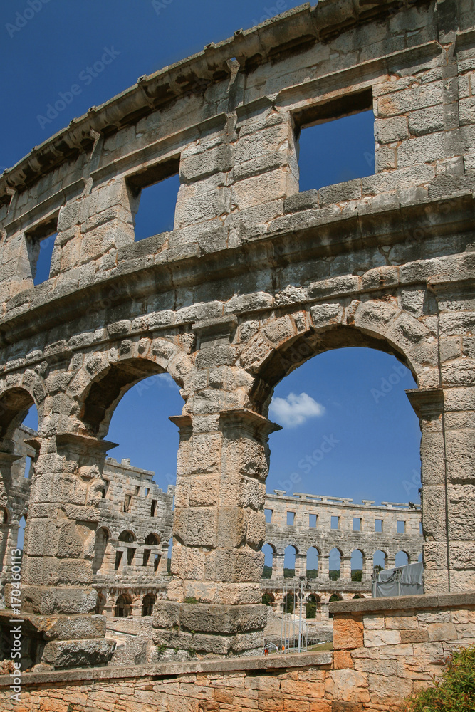 Fragment of the walls of ancient roman amphitheater in Pula, Croatia