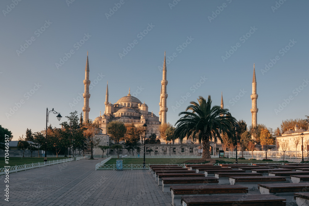 Istanbul, Turkey. The Blue Mosque (Sultanahmet Camii) in Istanbul. The mosque, nicknamed for its blue tiles, is one of the most popular landmarks in Istanbul.