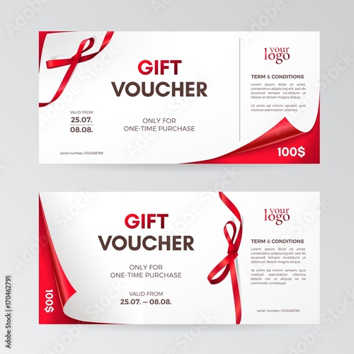 Vector set of modern gift vouchers with curved corners, red small bows and ribbons. Layout for gift cards, coupons and certificates. Isolated from the background.