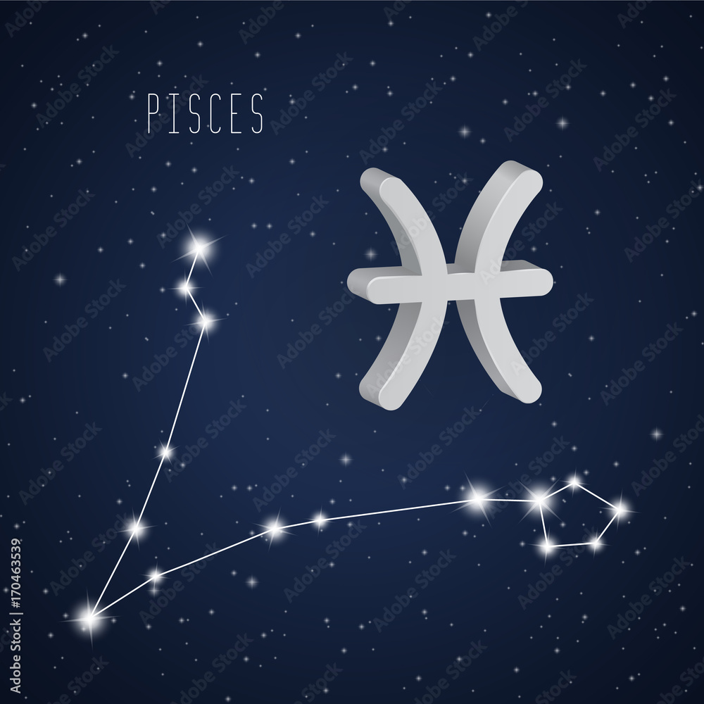 Vector illustration of Pisces 3D symbol and constellation on the background of starry sky Vector illustration of Pisces 3D symbol and constellation on the background of starry sky