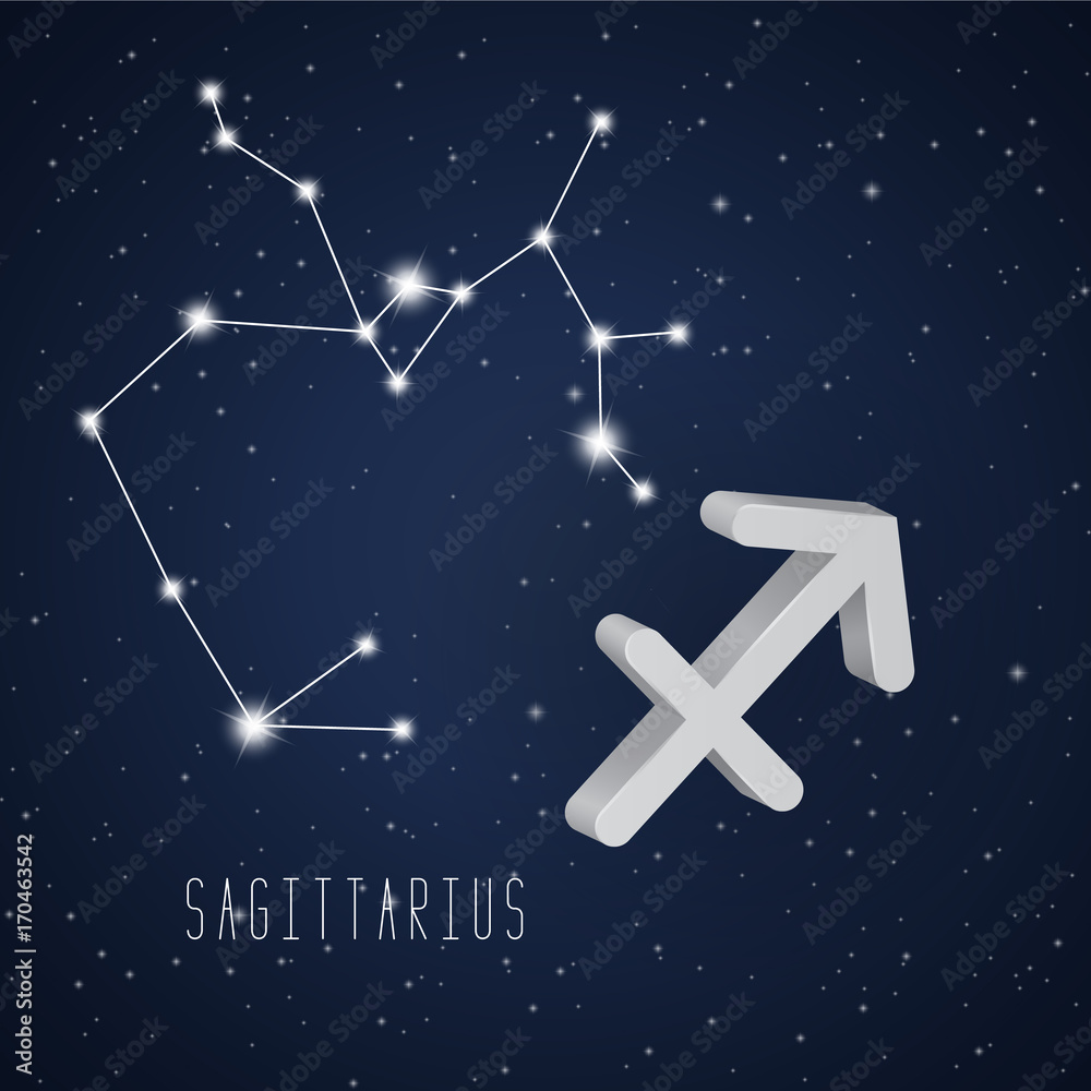 Vector illustration of Sagittarius 3D symbol and constellation on the background of starry sky Vector illustration of Sagittarius 3D symbol and constellation on the background of starry sky