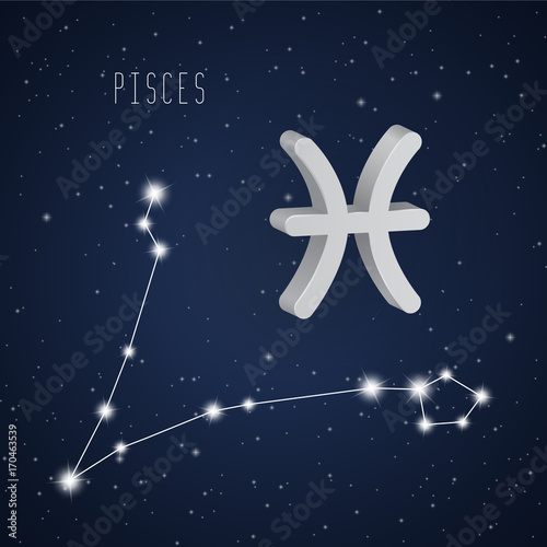 Vector illustration of Pisces 3D symbol and constellation on the background of starry sky
