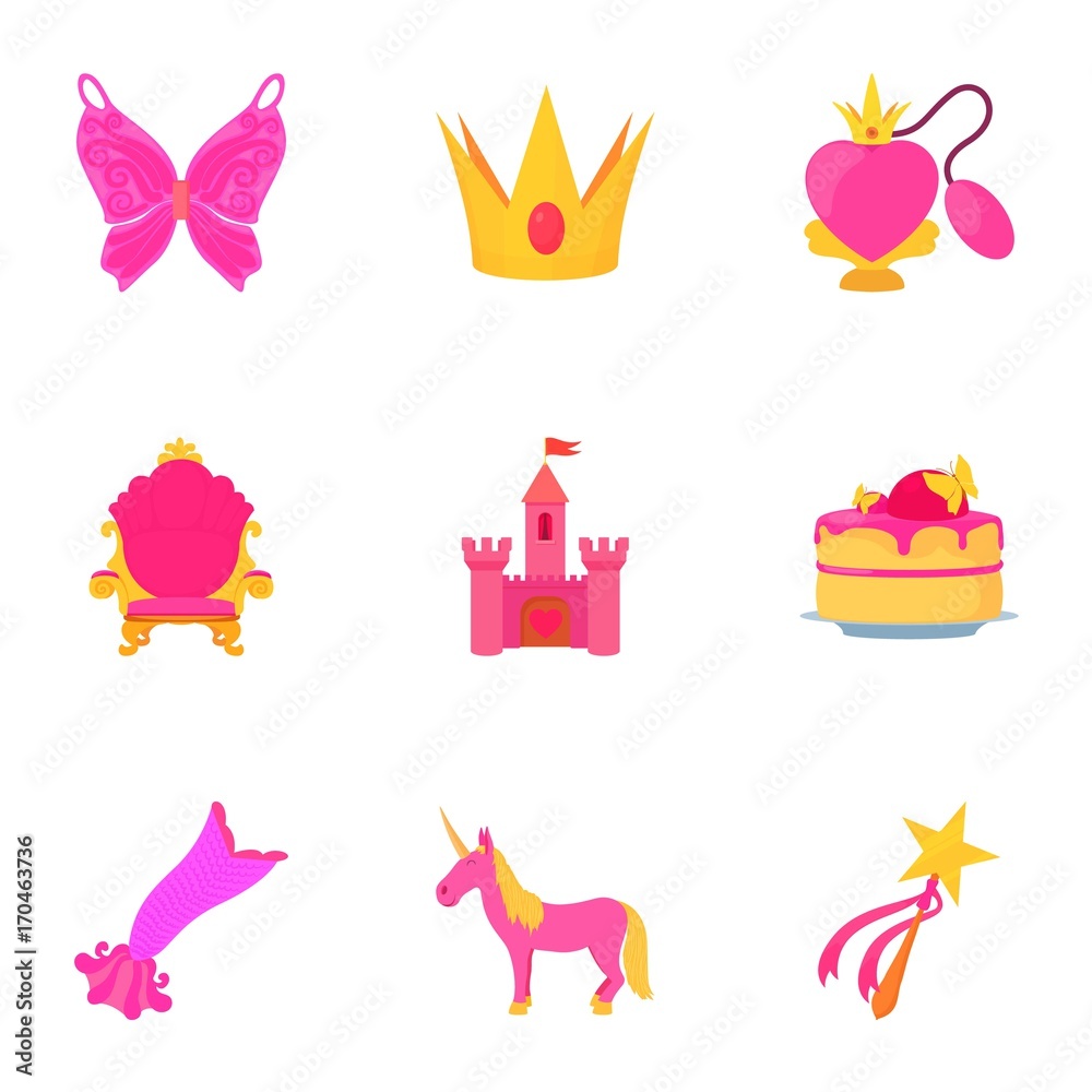 Little princess equipment icons set, cartoon style