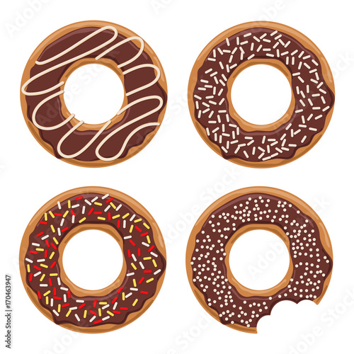 Set of vector glazed dark chocolate donuts