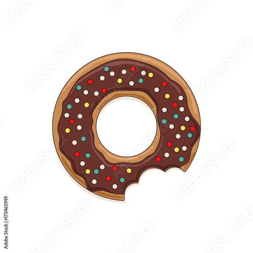 Vector icon of glazed chocolate cream donut with colored sprinkles